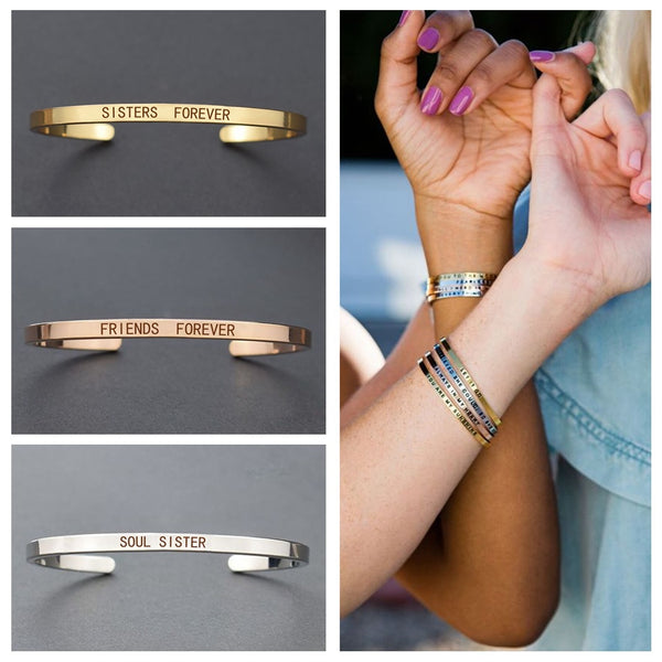 Sister Forever Friends Forever Quote Bracelet Stainless Steel Cuff - Miss-originality