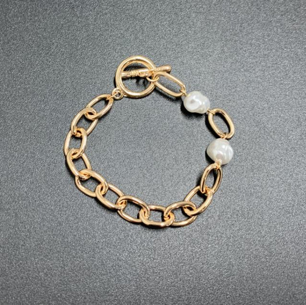 New Baroque Irregular Pearls Gold Metal Link Chain Bracelets - Miss-originality