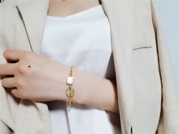 New Baroque Irregular Pearls Gold Metal Link Chain Bracelets - Miss-originality