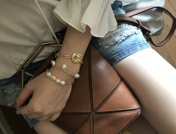 New Baroque Irregular Pearls Gold Metal Link Chain Bracelets - Miss-originality