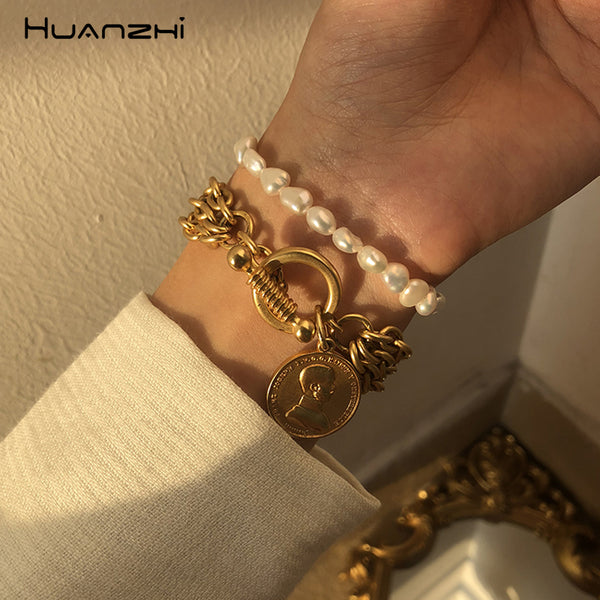 New Baroque Irregular Pearls Gold Metal Link Chain Bracelets - Miss-originality