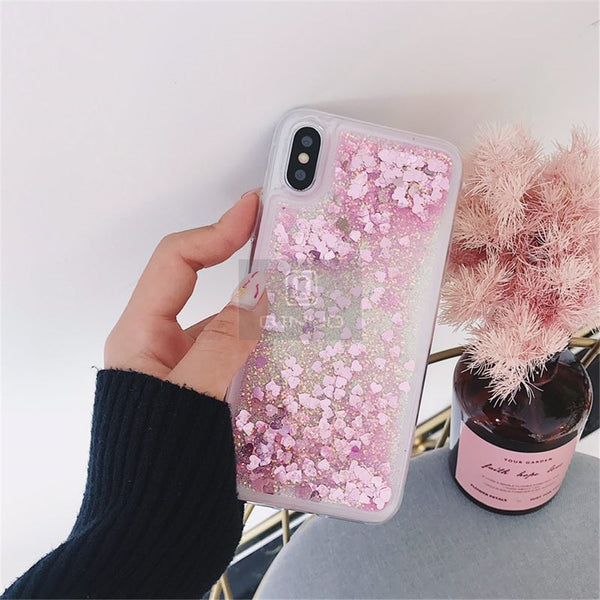 Love Heart Glitter Phone Case For iphone Liquid Quicksand Cover Bling Sequin - Miss-originality