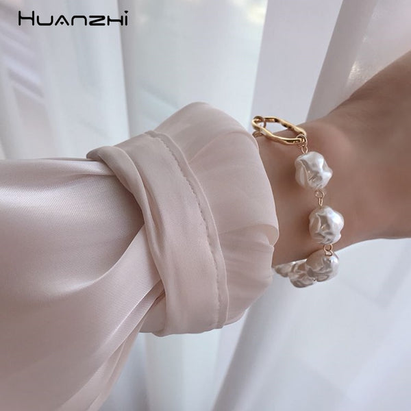New Baroque Irregular Pearls Gold Metal Link Chain Bracelets - Miss-originality
