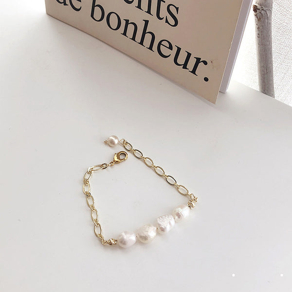New Baroque Irregular Pearls Gold Metal Link Chain Bracelets - Miss-originality