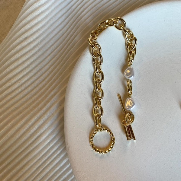 New Baroque Irregular Pearls Gold Metal Link Chain Bracelets - Miss-originality
